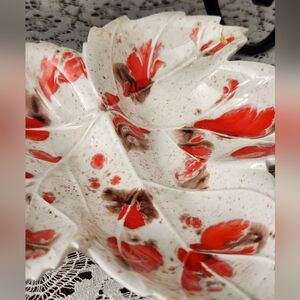 Vintage Habd Painted Leaf-Shaped Ceramic Dish - Red and Brown